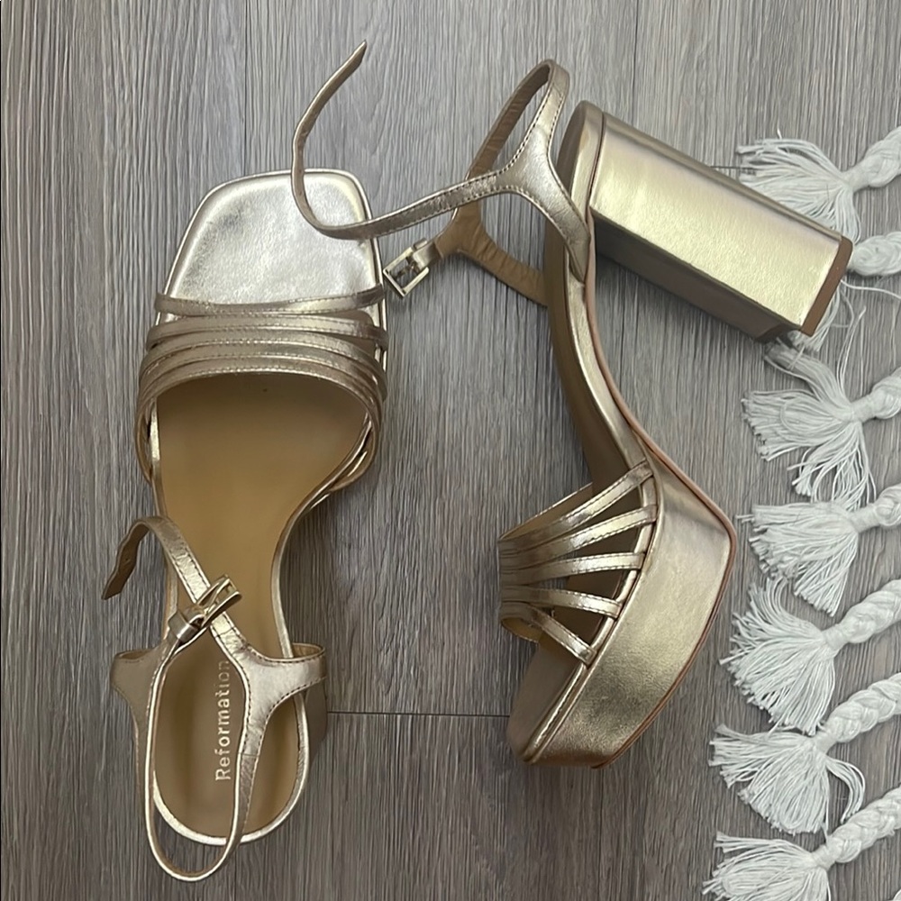 Reformation Gold Platform Sandals with Strappy Design